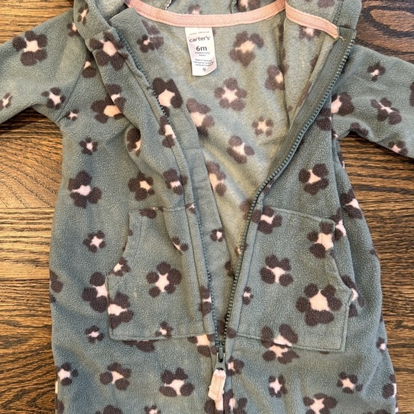 Baby Girl Carter's Leopard Fleece Long Sleeve Hooded Romper bunting 6m onesie - Picture 3 of 5